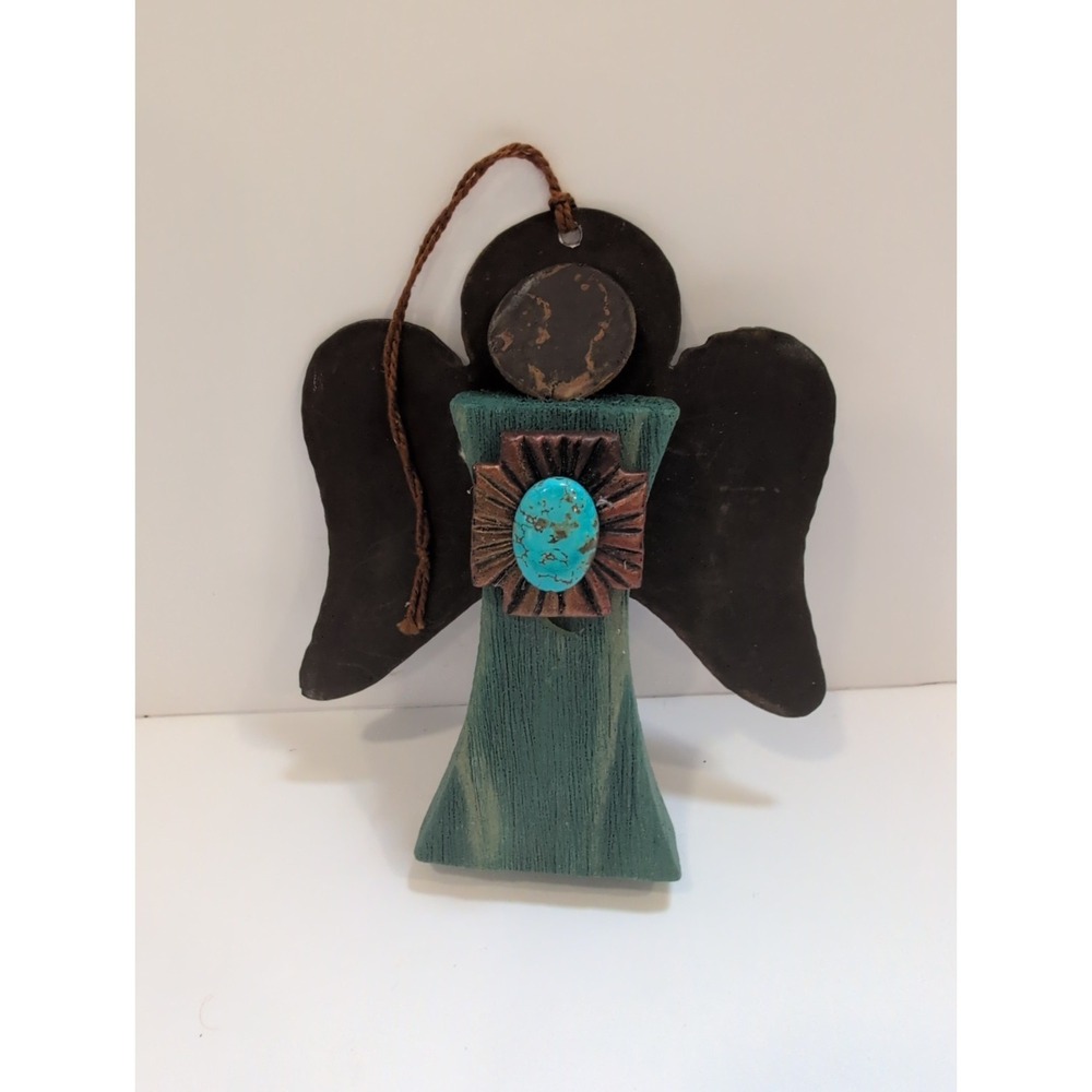 Wood & Metal Rustic Southwest‎ Wood Angel Ornament with Turquoise Colored Stone